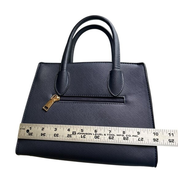 Small Navy Faux Leather Blue Handbag With Gold Accents & Double Handles Classy - Picture 6 of 9